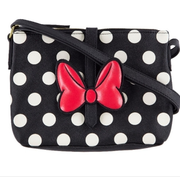Disney Parks Minnie Mouse Black White Polka Dot Stripes Red Bow Crossbody Bag - Picture 15 of 16